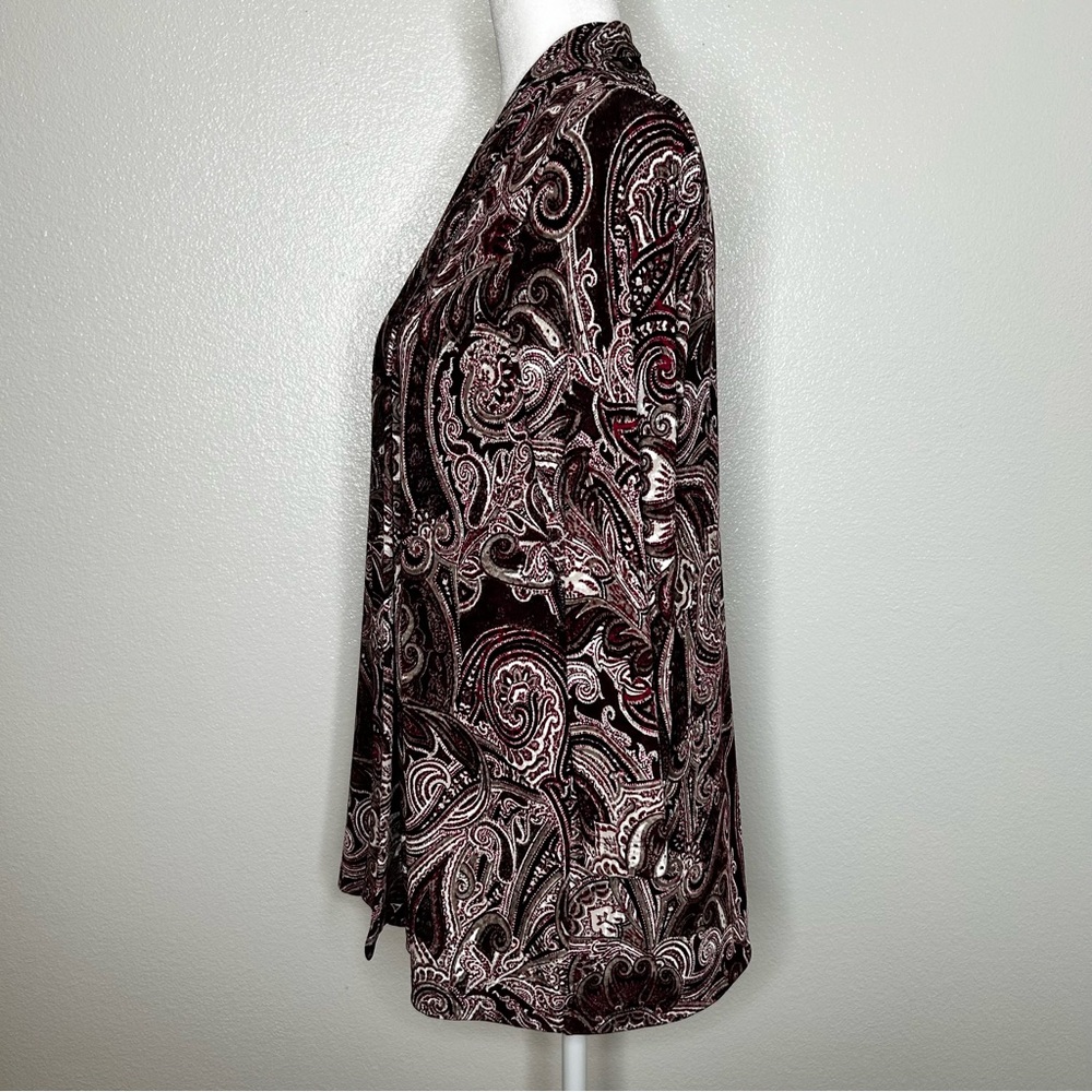 Chicos Easywear Womens Burgundy Tan Paisley Open Front Jersey Cardigan Size 2/ L - Picture 5 of 11